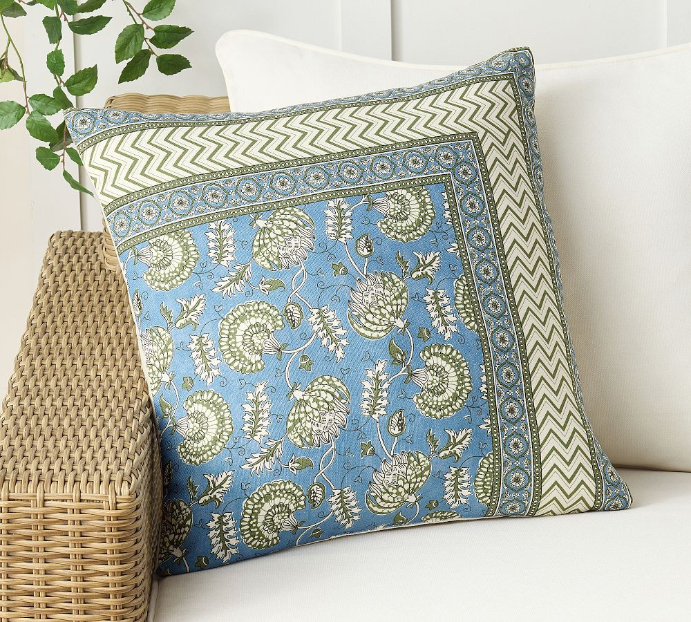 Lorina Border Block Printed Outdoor Pillow, Blue Multi, 22 | Pottery Barn (US)