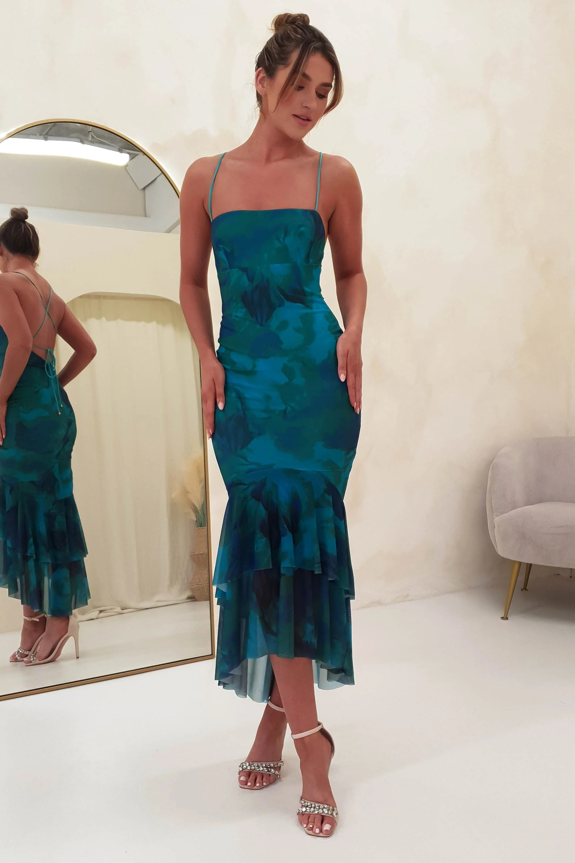 Faizah Mesh Bodycon Midi Dress | Green/Blue Print | Oh Hello Clothing