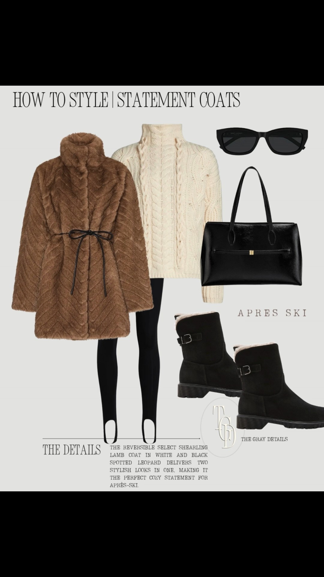 
Chic Après-Ski Outfit | How to Style a Statement Coat for Winter — Pair a luxe brown faux-fur shearling coat with a classic cable-knit sweater, black leggings, and suede shearling boots for a cozy yet elevated winter look. Complete the outfit with black sunglasses and a sleek leather tote for an effortlessly sophisticated après-ski style.


statement coat outfit, winter outfit ideas, après-ski style, how to style a shearling coat, cozy winter fashion, chic winter looks, cable knit sweater outfit, faux fur coat outfit, winter travel style, cold weather fashion.

#LTKdayinmylife #LTKHoliday #LTKGiftGuide