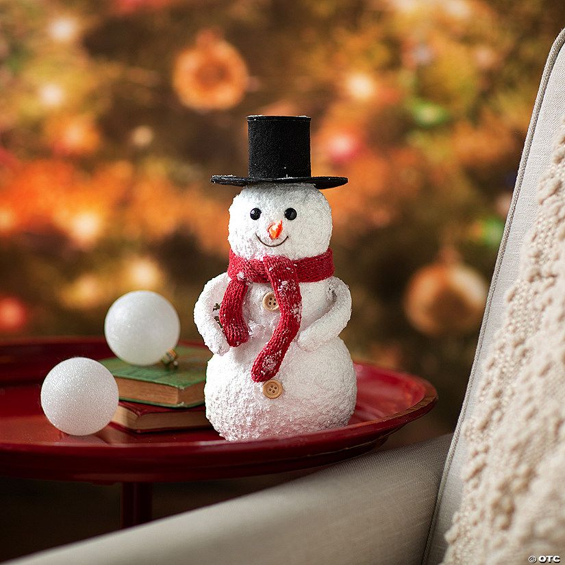 Small Christmas Snowman with Knitted Scarf & Top Hat Tabletop Decoration | Oriental Trading Company