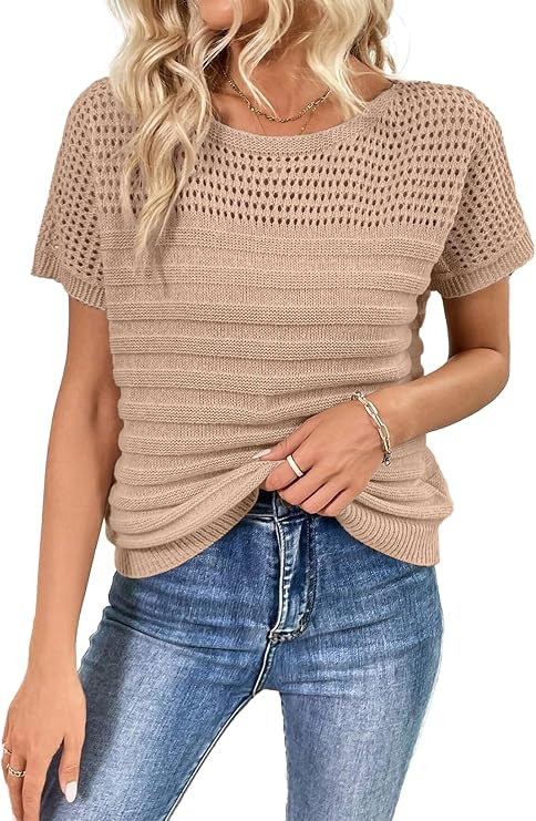 SHEWIN Womens Sweaters Crew Neck Short Sleeve Shirts Summer Tops Knit Hollow Out T Shirts Sweater... | Amazon (US)