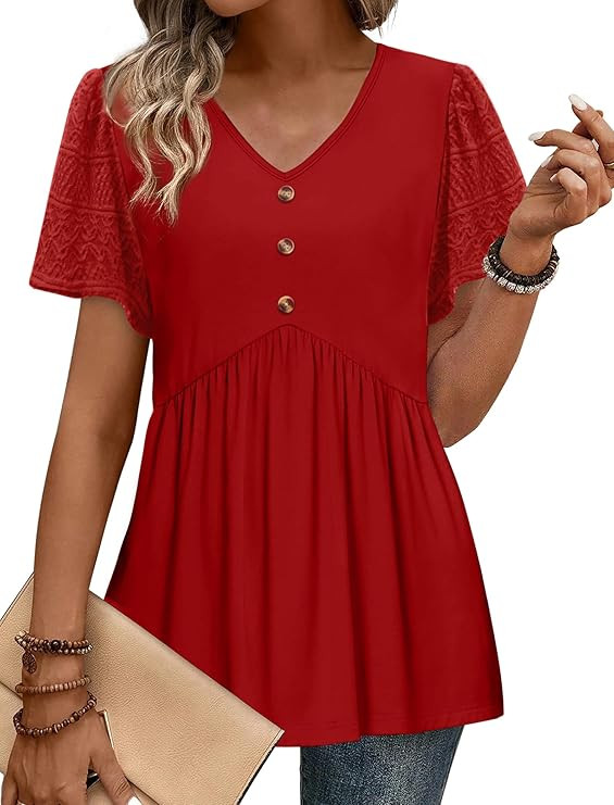 OFEEFAN Womens Summer Tops Babydoll Short Sleeve Shirts Button Down Lace Sleeve Peplum Tunic Tops... | Amazon (US)
