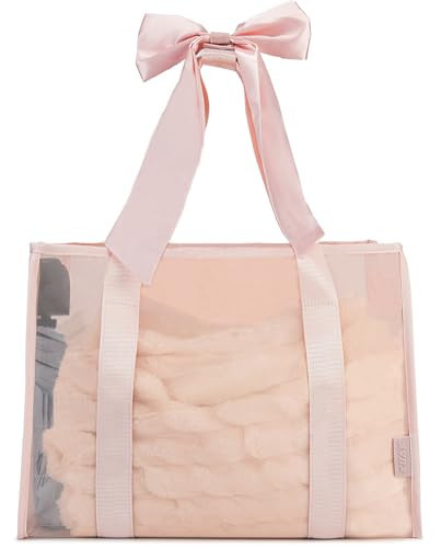 KUAK Beach Bags for Women, Pink Large Beach Tote with Bow Iridescent Clear Waterproof Sandproof Tip-Proof Foldable with Inner Zipper Pocket for Swim Pool Beach Essentials | Amazon (US)