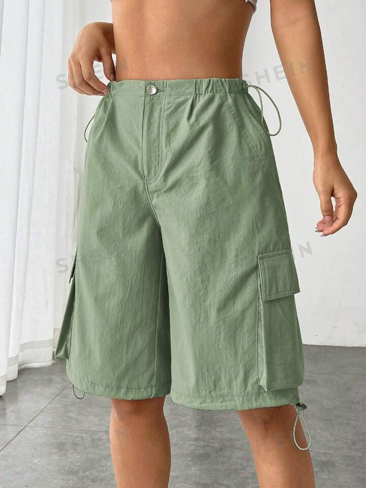 SHEIN EZwear Solid Color Loose Fit Casual Drawstring Cargo Shorts For Spring/Summer | SHEIN
