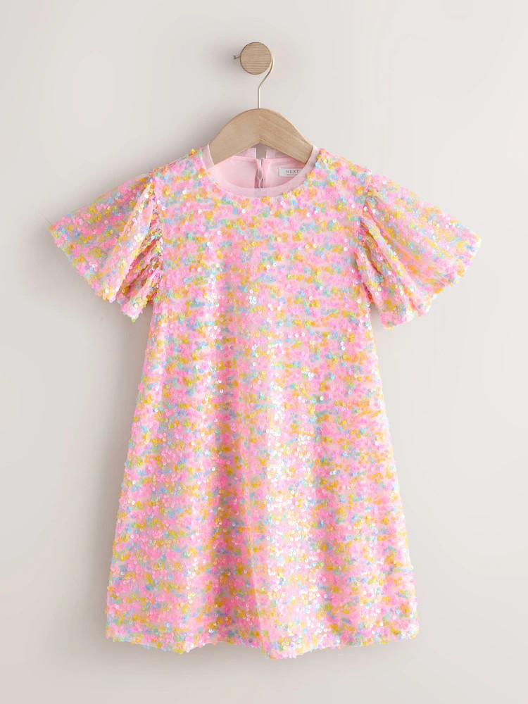 Pastel Pink Angel Sleeve Sequin Party Dress (3-16yrs) | Next US
