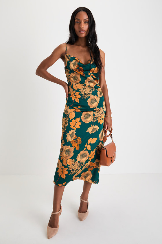 Favorite Icon Green Floral Satin Cowl Neck Slip Midi Dress | Lulus