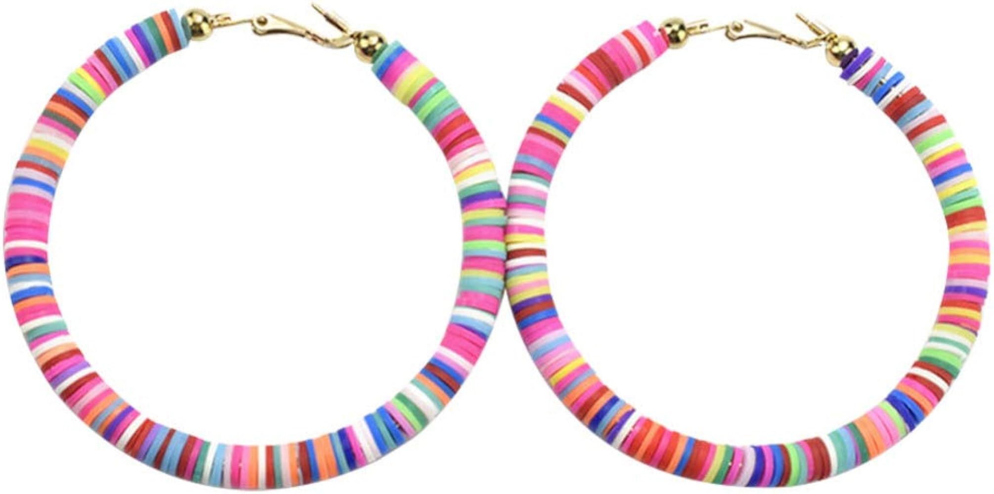 Happyyami Beaded Earrings Bead Earrings 1 Pair of Rainbow Heishi Beaded Open Hoop Earrings Bohemi... | Amazon (US)