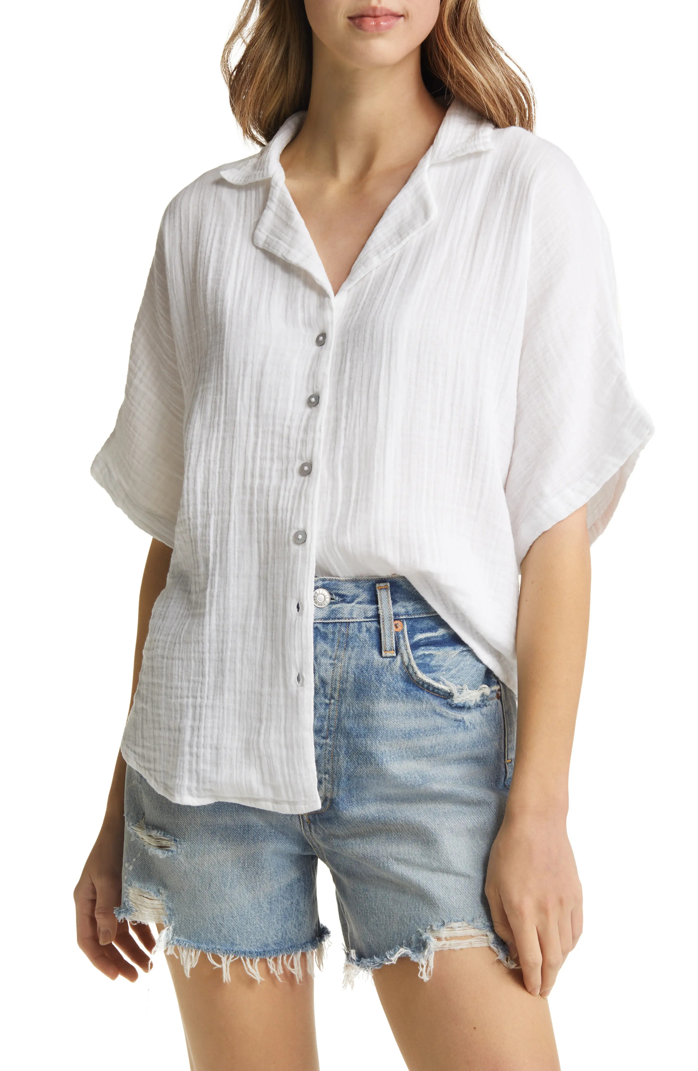 Rip Curl Women's Surf Short Sleeve Button-Up Shirt in White at Nordstrom, Size Large | Nordstrom