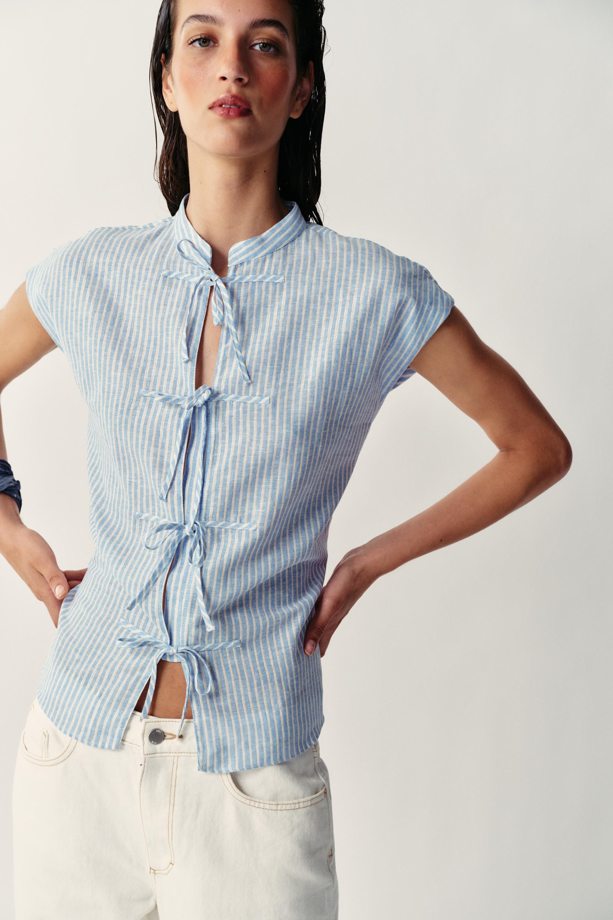 METALLIC THREAD STRIPED TIE BLOUSE | Zara US