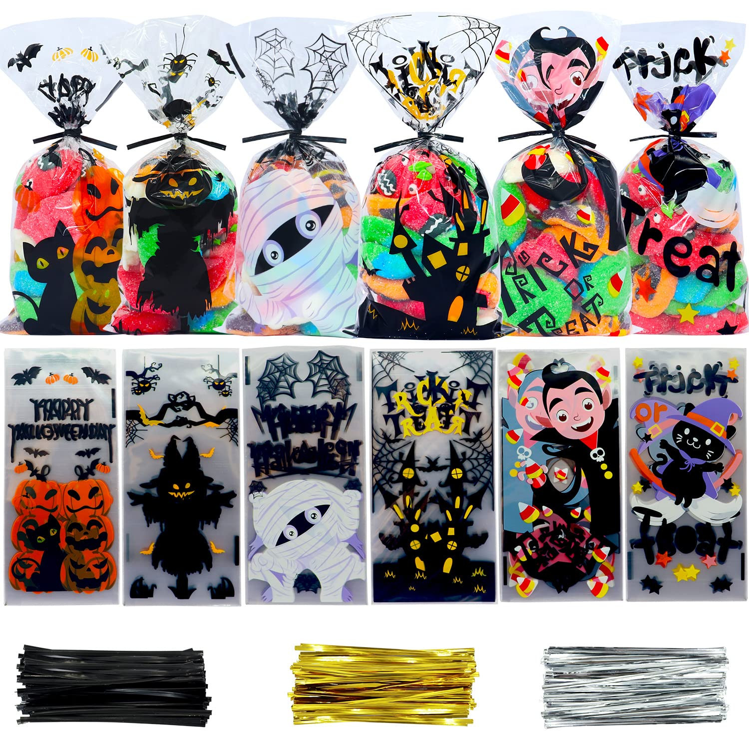 VEYLIN 120Pcs Halloween Cellophane Treat Bags, Cartoon Clear Candy Bags with Twist Ties for Hallo... | Amazon (US)