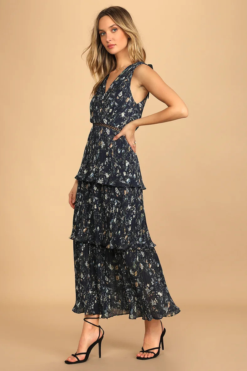 Such Sophistication Navy Blue Floral Print Pleated Maxi Dress | Lulus (US)
