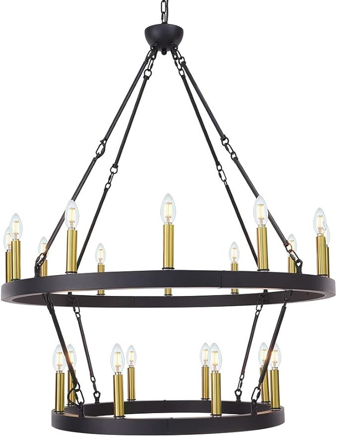 Wellmet Black and Gold Wagon Wheel Chandelier 2 Tier, Large Farmhouse Round Pendant Light Fixture... | Amazon (US)