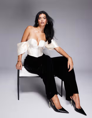 ASOS LUXE satin corseted jumpsuit with velvet pants in black | ASOS (Global)