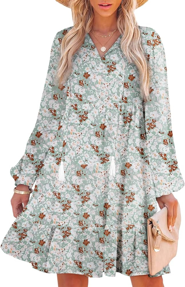 SHEWIN Women's Spring Summer Boho Floral Dresses Casual V Neck Short/Long Sleeve Ruffle Hem A-Lin... | Amazon (US)
