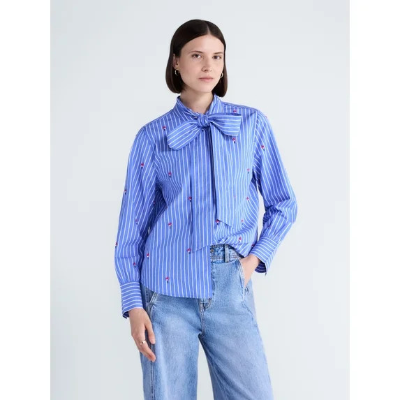 Free Assembly Women's and Women's Plus Beaded Tie Neck Cotton Shirt with Long Sleeves, Sizes XS-4... | Walmart (US)