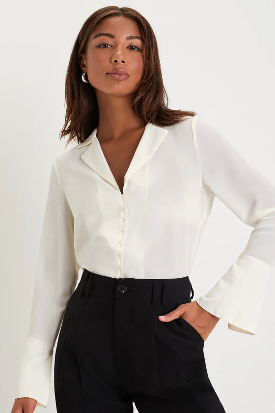Sophisticated Presence Ivory Collared Long Sleeve Button-Up Top | Lulus