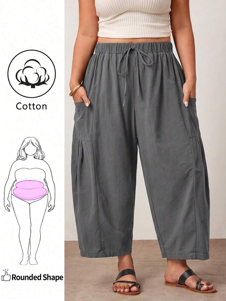 Enliva Plus Size Loose Fit Drawstring Casual Business Casual Cropped Pants Vacation Lounge Gray S... | SHEIN