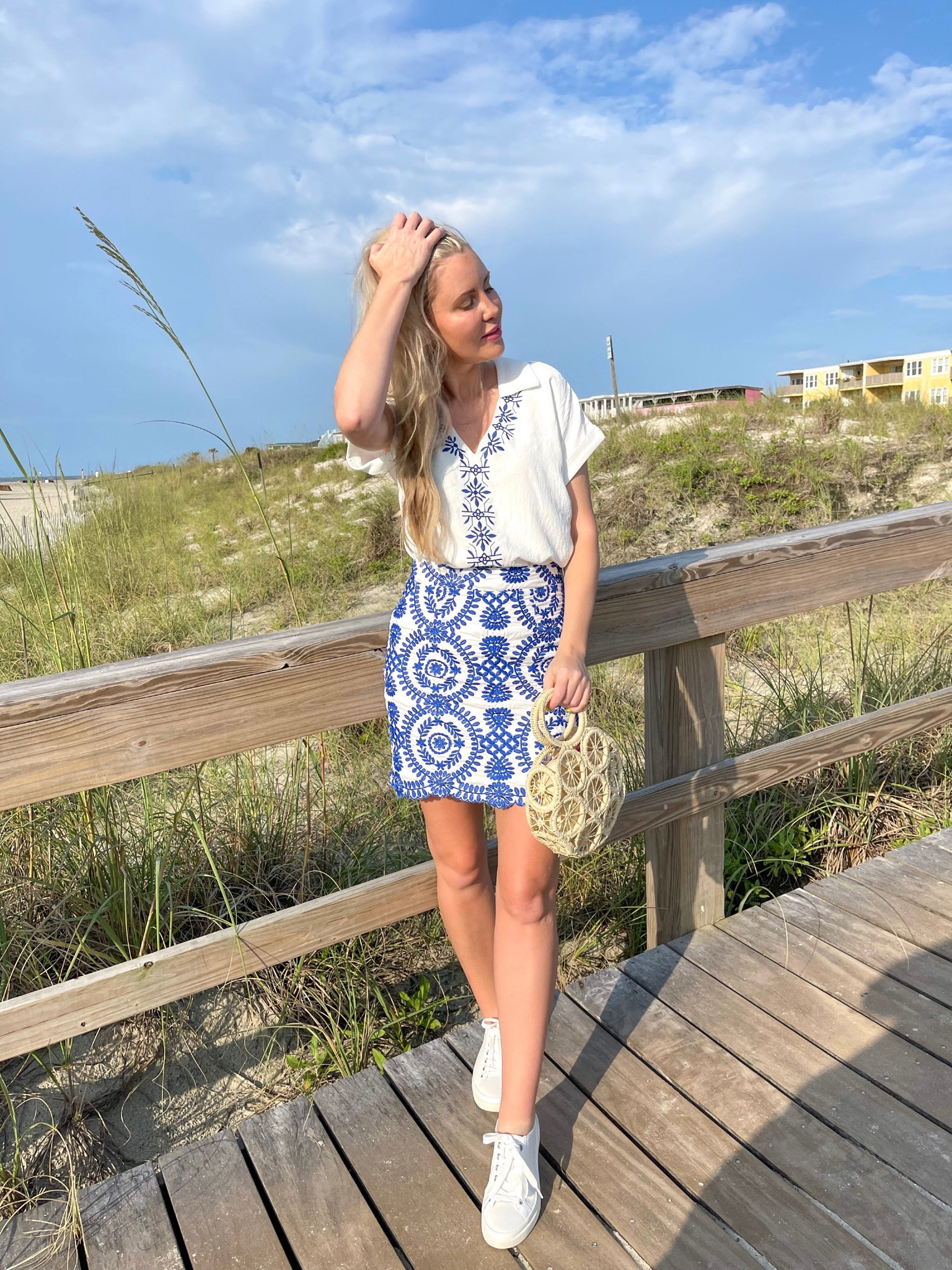 Vacation outfit, embroidered skirt, embroidered top, leather sneakers.

#LTKSeasonal #LTKunder50 #LTKstyletip