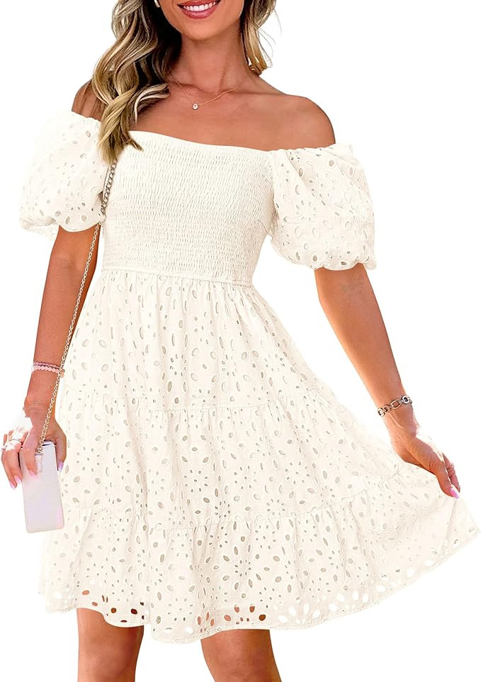 PRETTYGARDEN Womens Summer Puff Sleeve Mini Dress Off Shoulder Eyelet Smocked A Line Casual Babyd... | Amazon (US)
