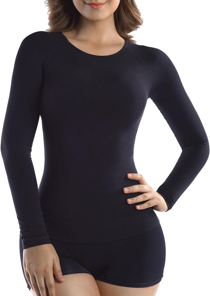 +MD Womens Long Sleeve Undershirts Tops, Bamboo Round Neck Slim Fit Baselayer, Soft Thermal Under... | Amazon (US)