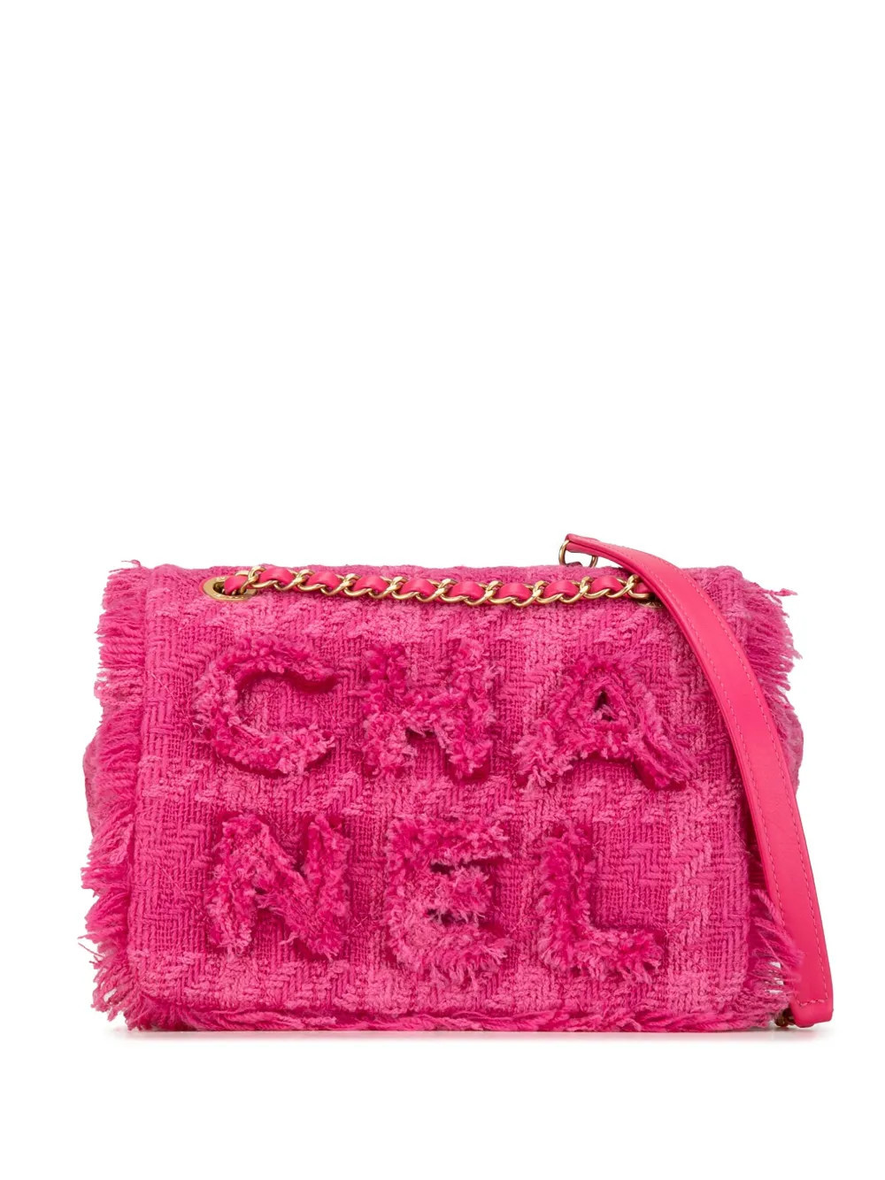 CHANEL Pre-Owned 2019 Wool Tweed Giant Logo Flap shoulder bag - Pink | Farfetch Global