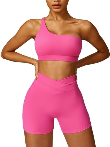 ABOCIW Workout Sets for Women, One Shoulder Sports Bra Backless Workout Crop Tank Top Crossover High Waist Biker Shorts Gym Sets Rose Medium | Amazon (US)