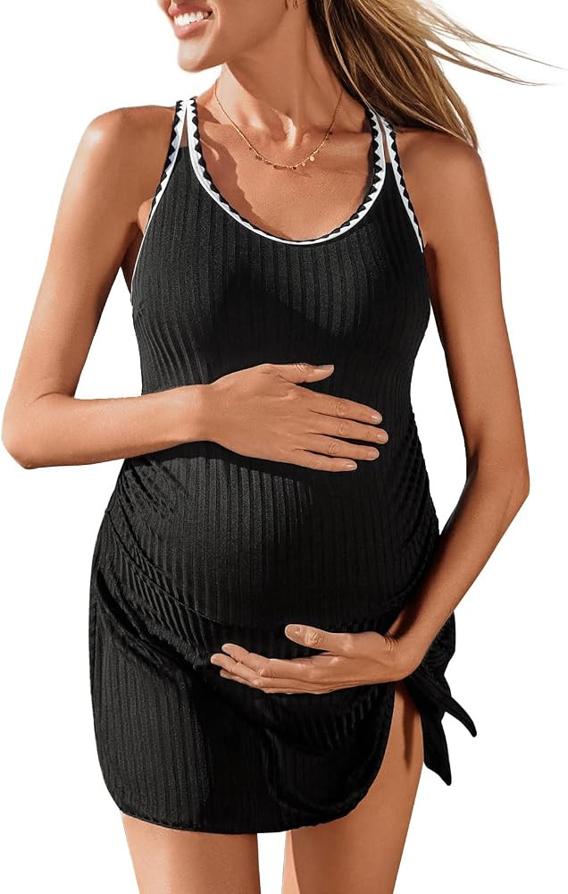 Summer Mae Ribbed Maternity One Piece Swim Dress Pregnancy Swimsuit with Built-in Bottom Swimwear... | Amazon (US)