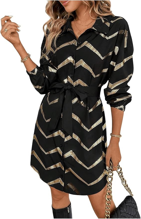 SweatyRocks Women's Metallic Gold Long Sleeve Dresses Collar Shirtdress Casino Night Party Outfit | Amazon (US)