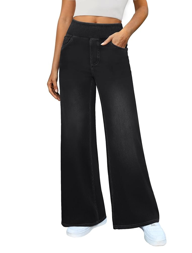 Women's Wide Leg Jeans High Waisted Stretchy Denim Pants Elastic Waist Pull On Sweatpant Jeans Tr... | Amazon (US)