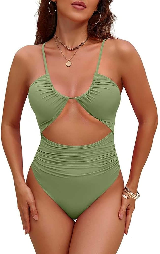 oten Women Sexy One Piece Tummy Control Swimsuits Cut Out Ruched High Waisted 1 Piece Bathing Sui... | Amazon (US)