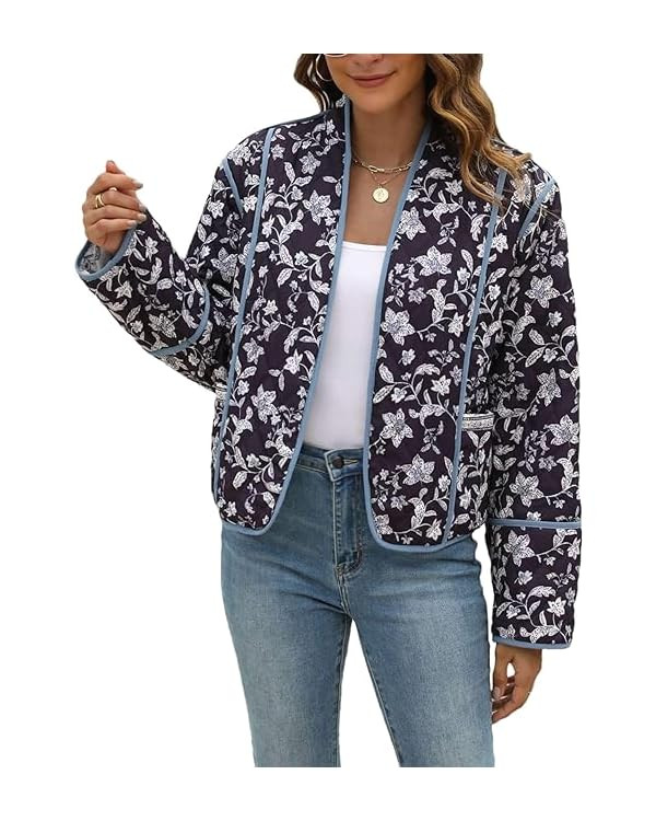 VAOYIU Women's Cropped Puffer Jacket Vintage Cardigan Floral Printed Lightweight Open Front Padde... | Amazon (US)