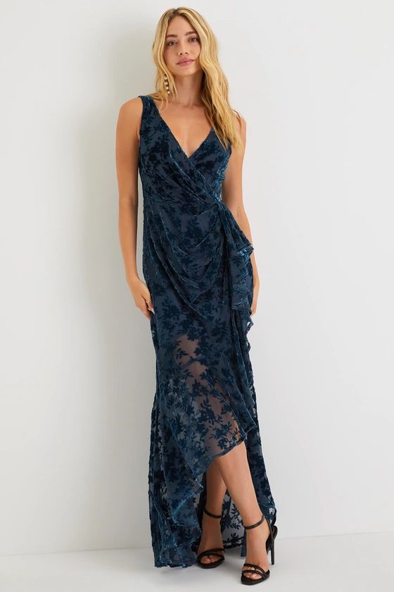 Enchanting Impression Teal Blue Floral Velvet Ruffled Maxi Dress | Lulus (US)