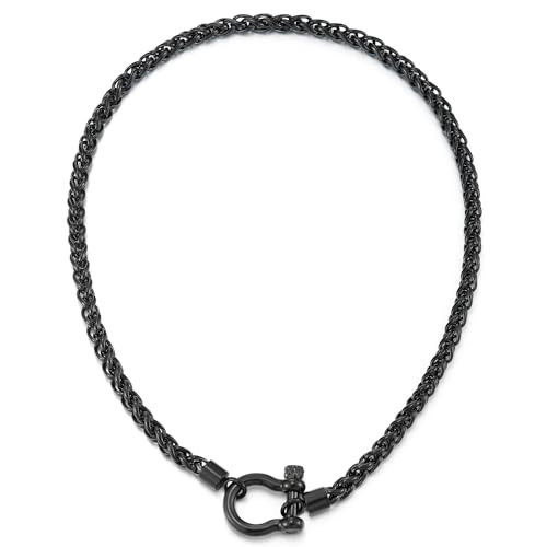COOLSTEELANDBEYOND Mens Women Black Steel Foxtail Wheat Chain Necklace, Screw Anchor Shackle Nautical Sailor Clasp | Amazon (US)