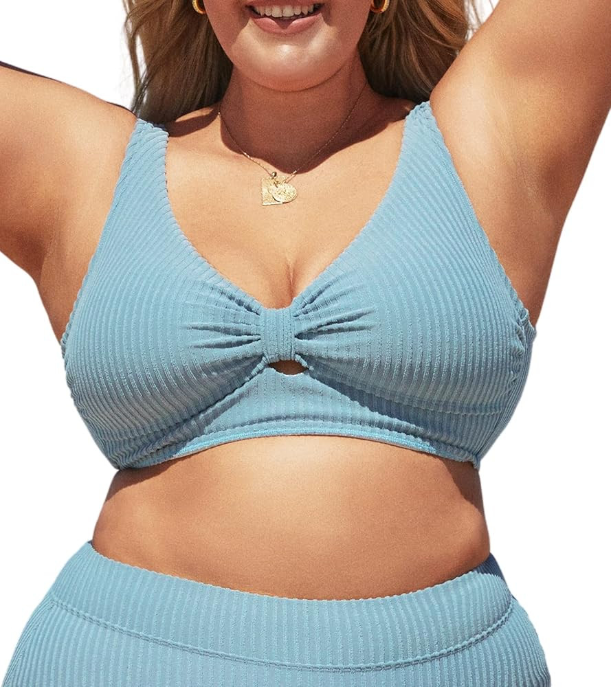 CUPSHE Women Swimsuit Plus Size Bikini Top Ribbed Texture Knotted Front Fixed Wide Straps No Bott... | Amazon (US)