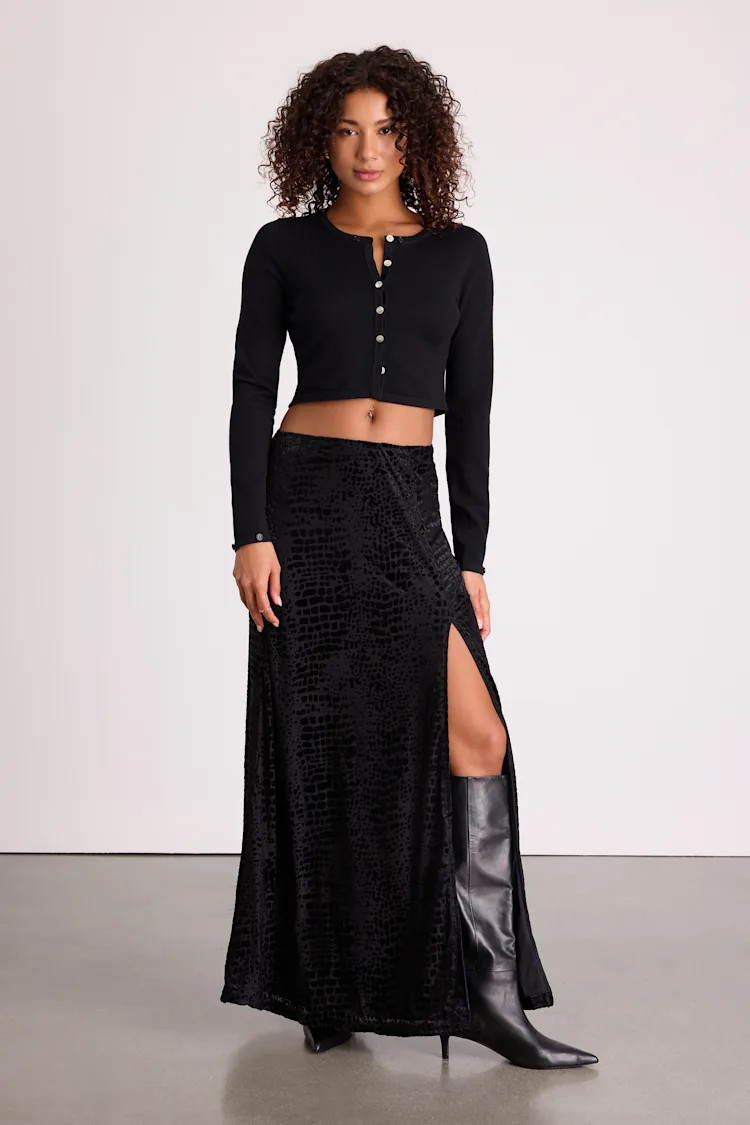 Ashworth Black Burnout Velvet Mid-Rise Maxi Skirt | Lulus