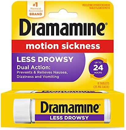 Dramamine Motion Sickness Less Drowsy, Travel Vial, 8 Count ( Pack of 1) | Amazon (US)