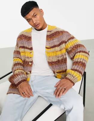 ASOS DESIGN chunky knit stripe cardigan in multi space dye | ASOS (Global)