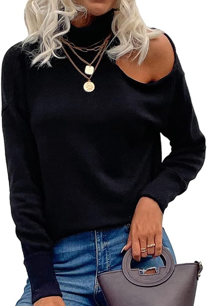 Opocos Women's Loose Warm Off Shoulder Turtleneck Lightweight Soft Pullover Cutout Long Sleeve Jumpe | Amazon (US)