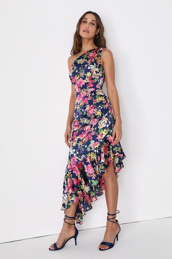 Divinely Blooming Blue Multi Floral One-Shoulder Midi Dress | Lulus