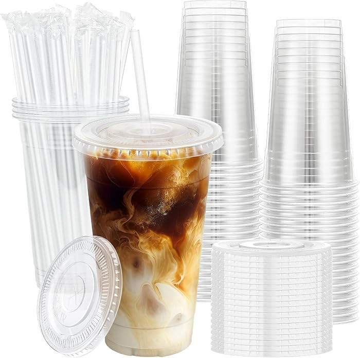Lamosi 100 Pack 20 oz Clear Plastic Cups with Lids and Straws, Disposable Iced Coffee Cups with L... | Amazon (US)