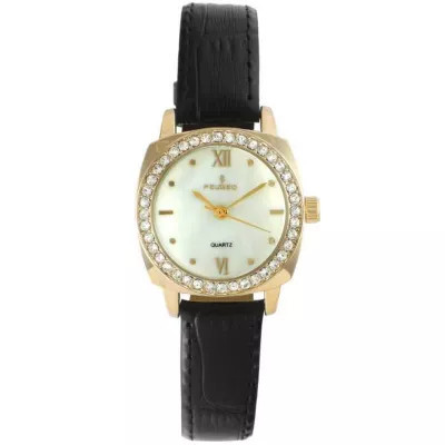 Peugeot Women 28mm Gold Watch with Crystal Bezel Leather Strap | Belk