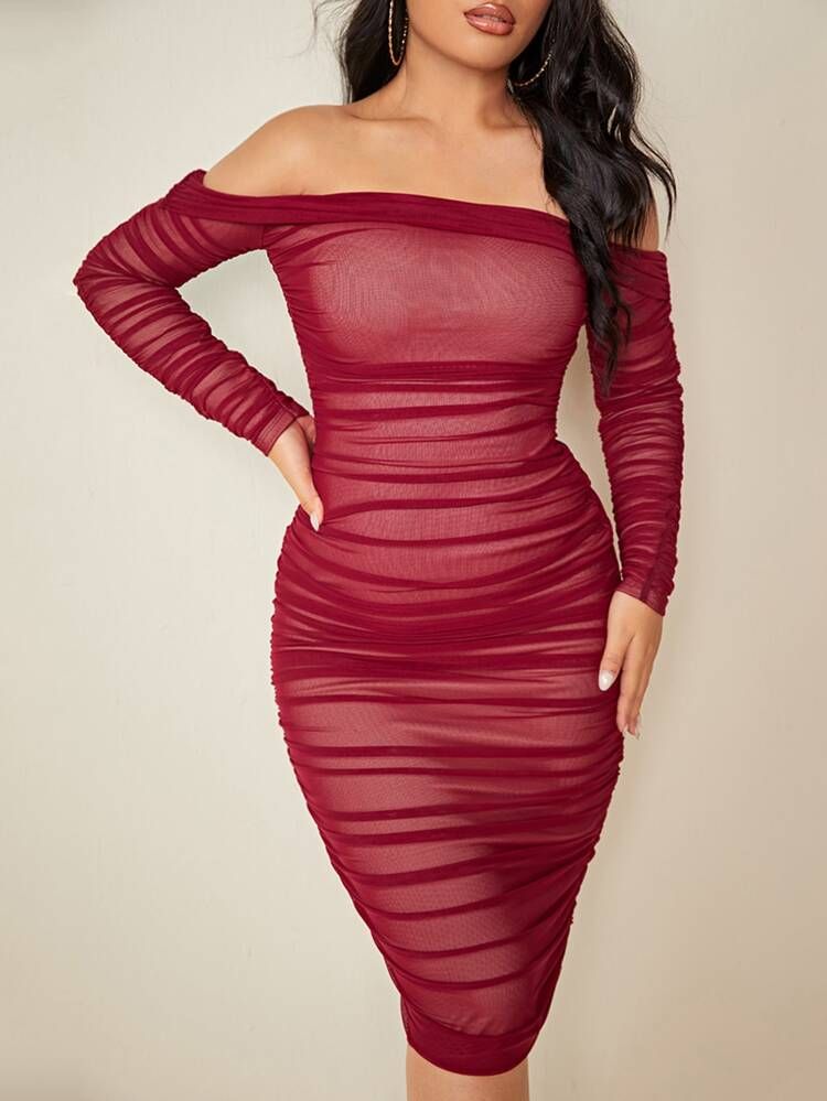 SHEIN Ruched Off Shoulder Mesh Bodycon Dress | SHEIN