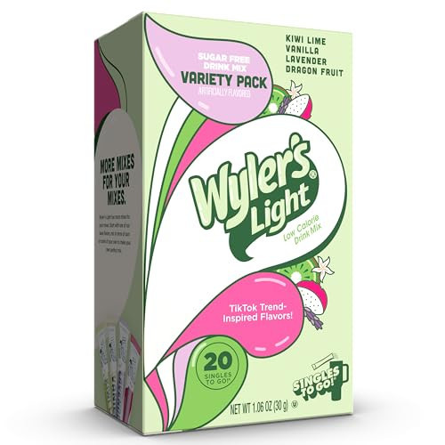 Wyler's Light Singles to Go Powder Packets, Water Drink Mix, Variety Pack, Watertok Base Flavors, Kiwi Lime, Vanilla, Lavender, and Dragon Fruit, Sugar & Caffeine Free, On-The-Go, 20 Count (Pack - 1) | Amazon (US)