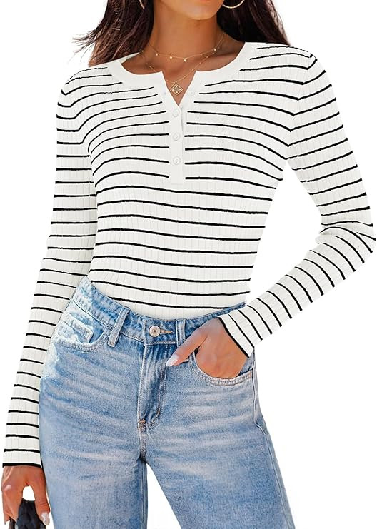 ZESICA Womens Long Sleeve Striped Shirts V Neck Button Up Sweater Casual Loose Basic Tops Trendy ... | Amazon (US)