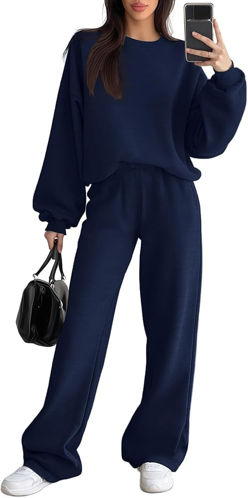 Women's 2 Piece Outfits Set Fleece Lined Lounge Sweatsuit Crewneck Pullover Top Wide Leg Pants Ca... | Amazon (US)