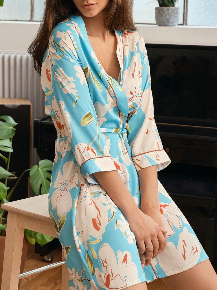 Luvlette Floral Print Contrast Binding Belted Robe | SHEIN