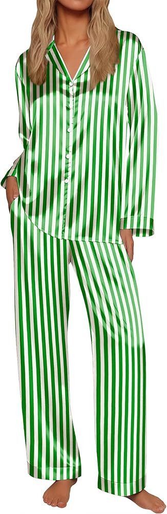 Ekouaer Silk Satin Pajamas for Women Button Down Pjs Set Long Sleeve Loungewear 2 Piece Wide Leg ... | Amazon (US)