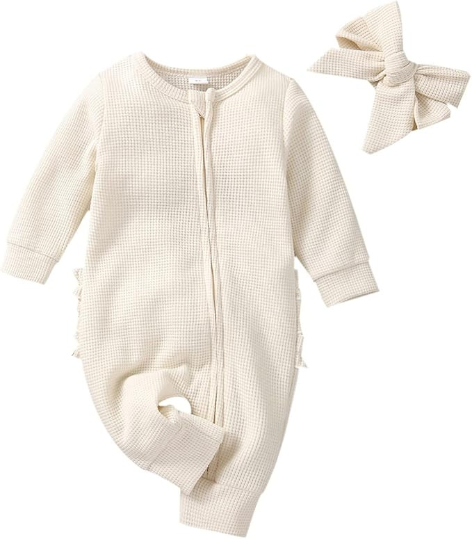MoZiKQin Newborn Baby Girl Ruffle Romper Knit Sweater Onesie Jumpsuit Long Sleeve Zipper Onesie S... | Amazon (US)