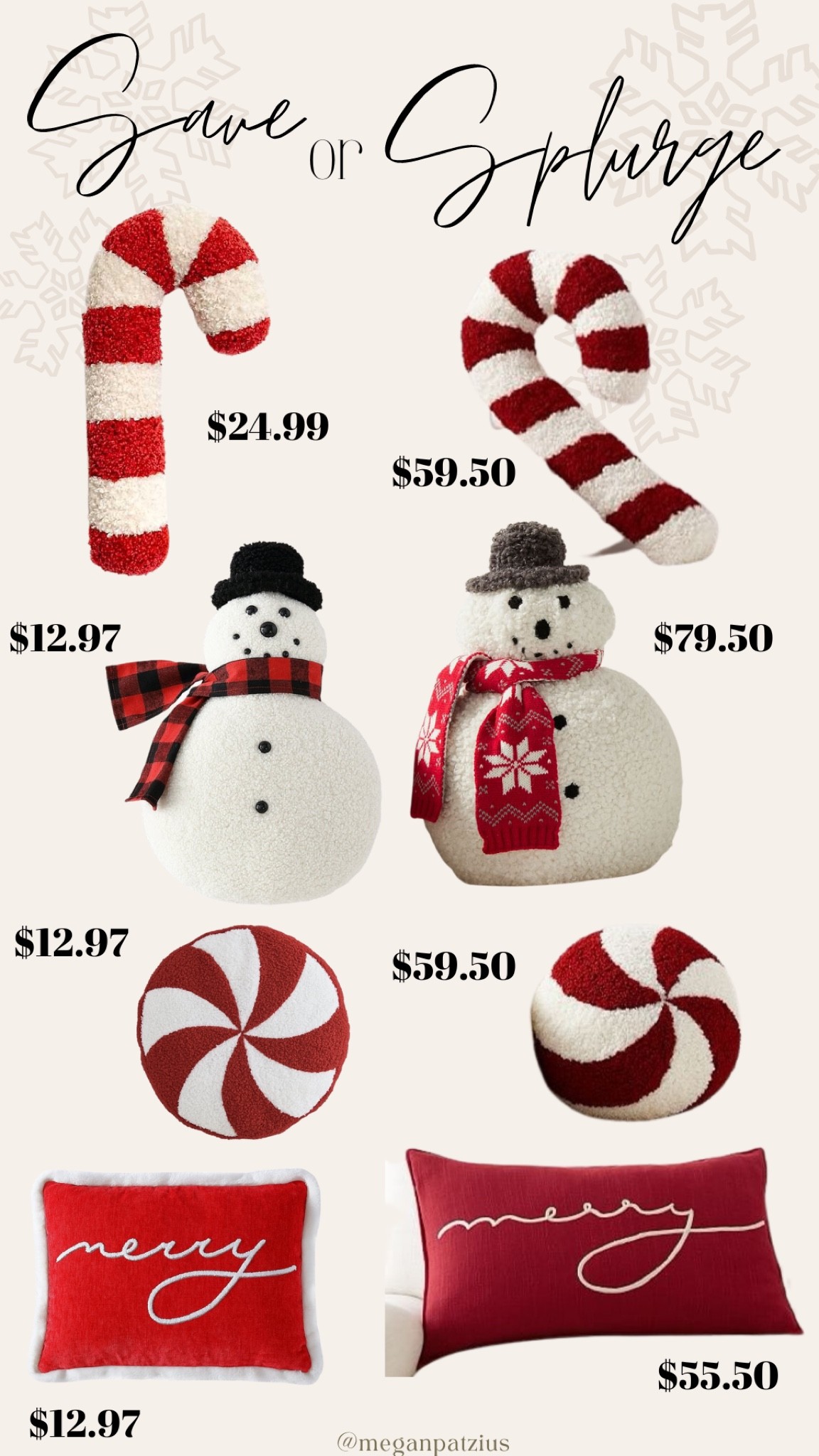 Save or Splurge Christmas Pillows 🎅🏻 I found some great dupes for my favorite Pottery Barn Holiday throw pillows. Walmart has a great selection of affordable Christmas pillows this year. I love the snowman! Kirklands has this super cute sherpa candy cane pillow ❄️ 



#LTKSeasonal #LTKHoliday #LTKhome