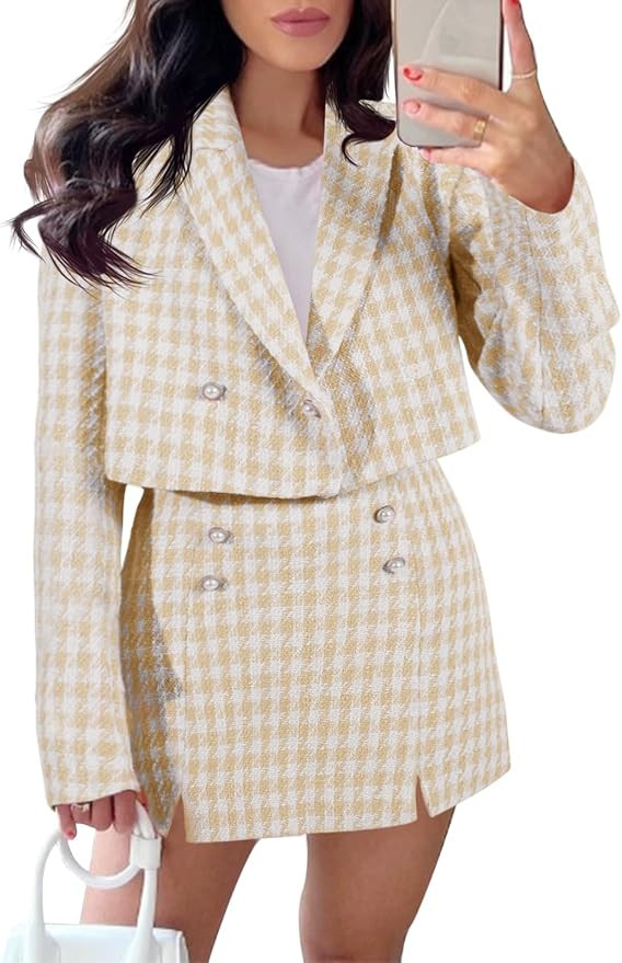Cicy Bell Womens Cropped Tweed Blazer Sets 2 Piece Outfits and Mini Skirt Sets Business Casual Su... | Amazon (US)